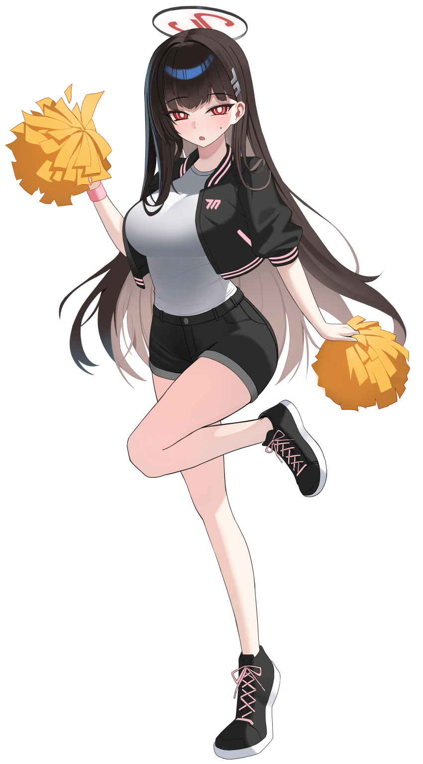 1girl, :o, absurdres, alternate_costume, black_hair, black_halo, black_jacket, black_shoes