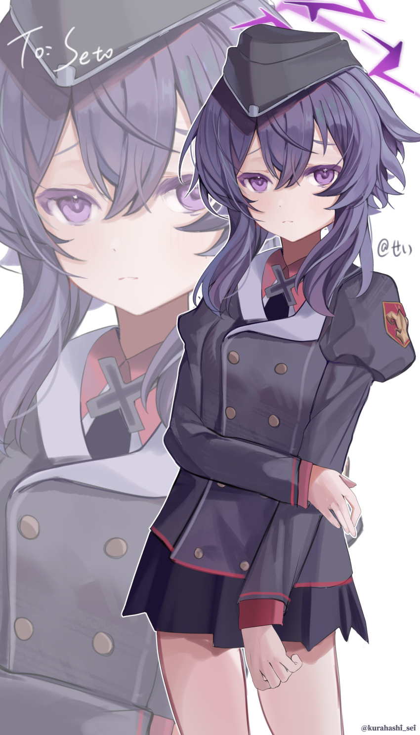 1girl, absurdres, black_hat, black_jacket, black_skirt, blue_archive, buttons, collared_shirt, cowboy_shot, double-breasted, garrison_cap, hair_between_eyes, halo, haruka_(blue_archive), hat, highres, jacket, juliet_sleeves, kurahashi_sei, long_sleeves, looking_at_viewer, pleated_skirt, puffy_sleeves, purple_hair, purple_halo, red_shirt, shirt, simple_background, skirt, solo, twitter_username, violet_eyes, white_background, zoom_layer