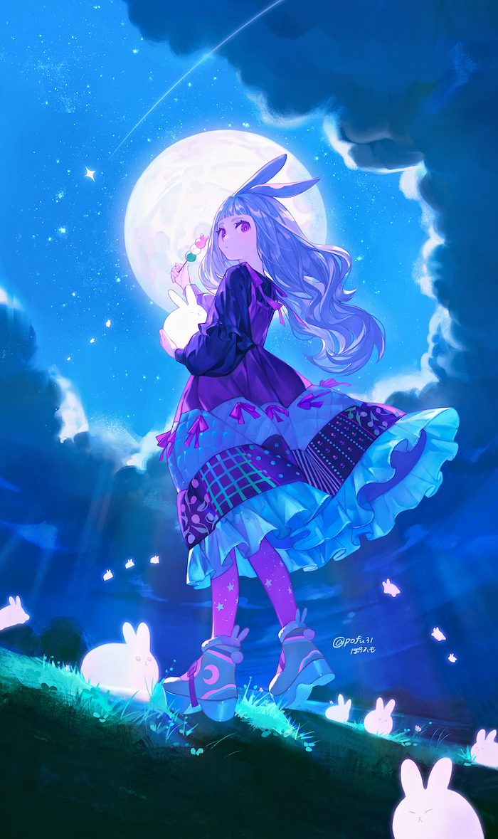 1girl, animal, animal_ears, black_shirt, blue_hair, blue_shoes, blunt_bangs, clouds