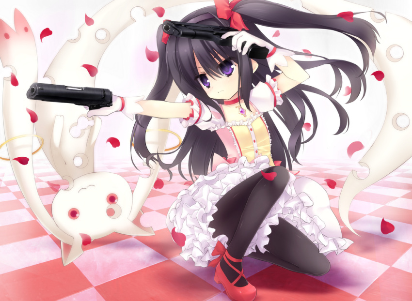 akemi_homura, black_hair, black_legwear, bubble_skirt, bullet_hole, cherry_blossoms, cosplay, dress