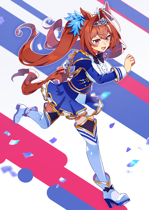 1girl, animal_ears, black_thighhighs, blue_dress, boots, brown_hair, daiwa_scarlet_(umamusume), dress, high_heel_boots, high_heels, horse_ears, horse_girl, horse_tail, kafuki_fuka, open_mouth, red_eyes, running, solo, tail, thigh-highs, tiara, twintails, umamusume