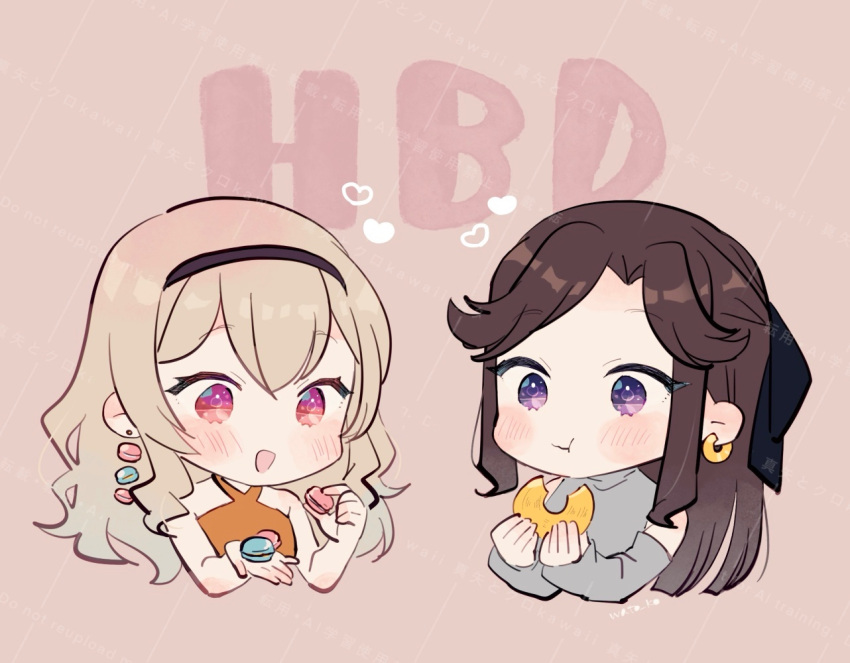 2girls, :d, :t, artist_name, bare_arms, bare_shoulders, baumkuchen, black_bow