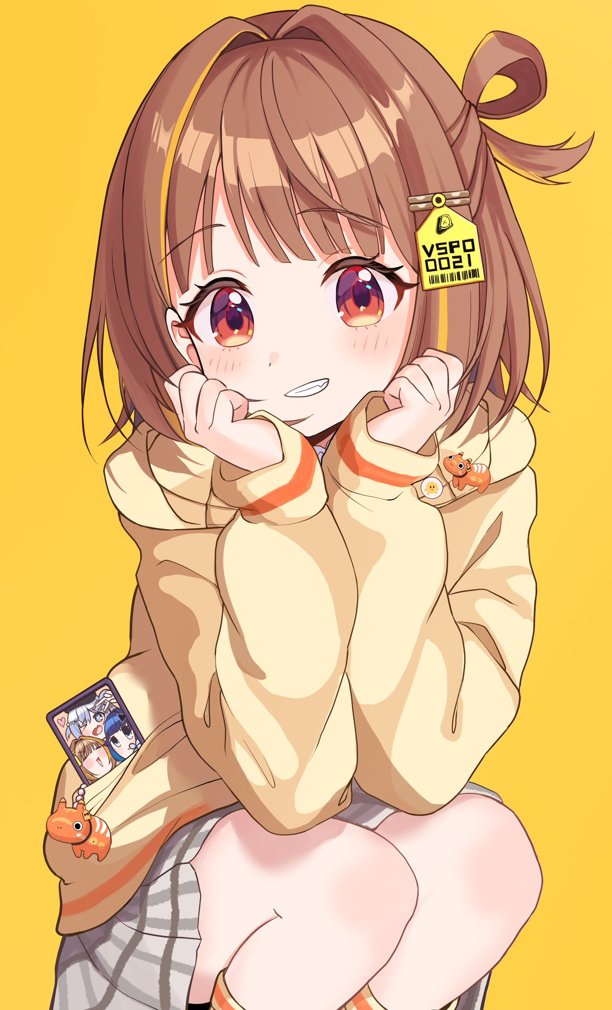 1girl, brown_hair, cellphone, charm_(object), clenched_hands, copyright_name, fang, feet_out_of_frame