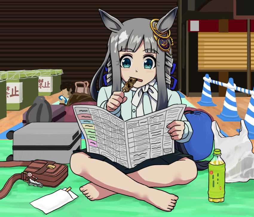 1girl, animal_ears, barefoot, black_skirt, blue_eyes, blue_ribbon, blue_shirt, blunt_bangs