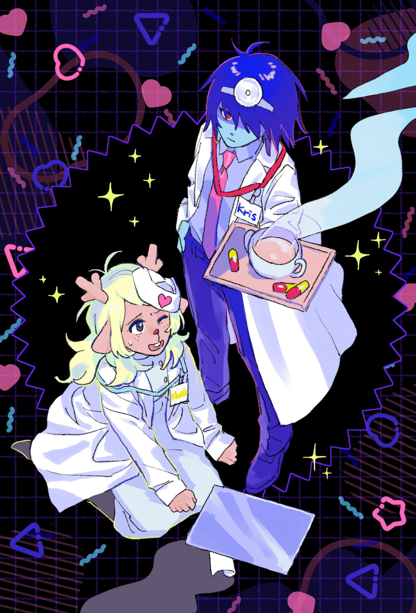 1girl, 1other, antlers, beryllium_game, black_eyes, blonde_hair, blue_hair, blue_pants