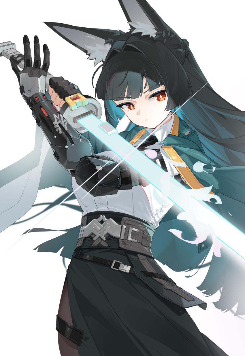 1girl, absurdres, animal_ear_fluff, animal_ears, aqua_jacket, arm_out_of_sleeve, black_gloves, black_necktie