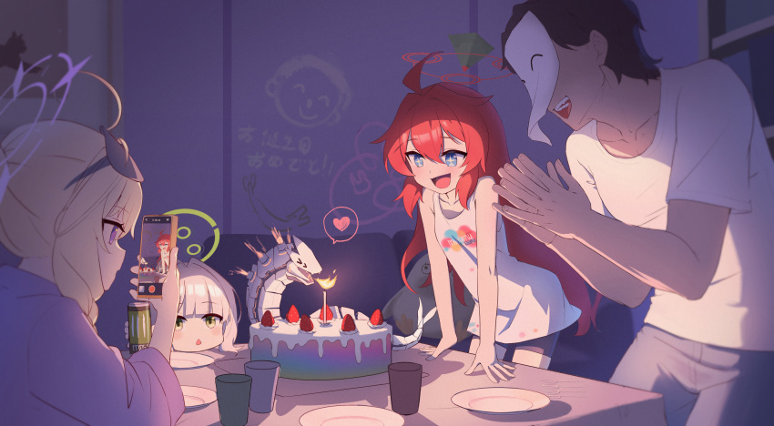 +_+, 1boy, 3girls, :d, absurdres, ahoge, binah_(blue_archive), birthday