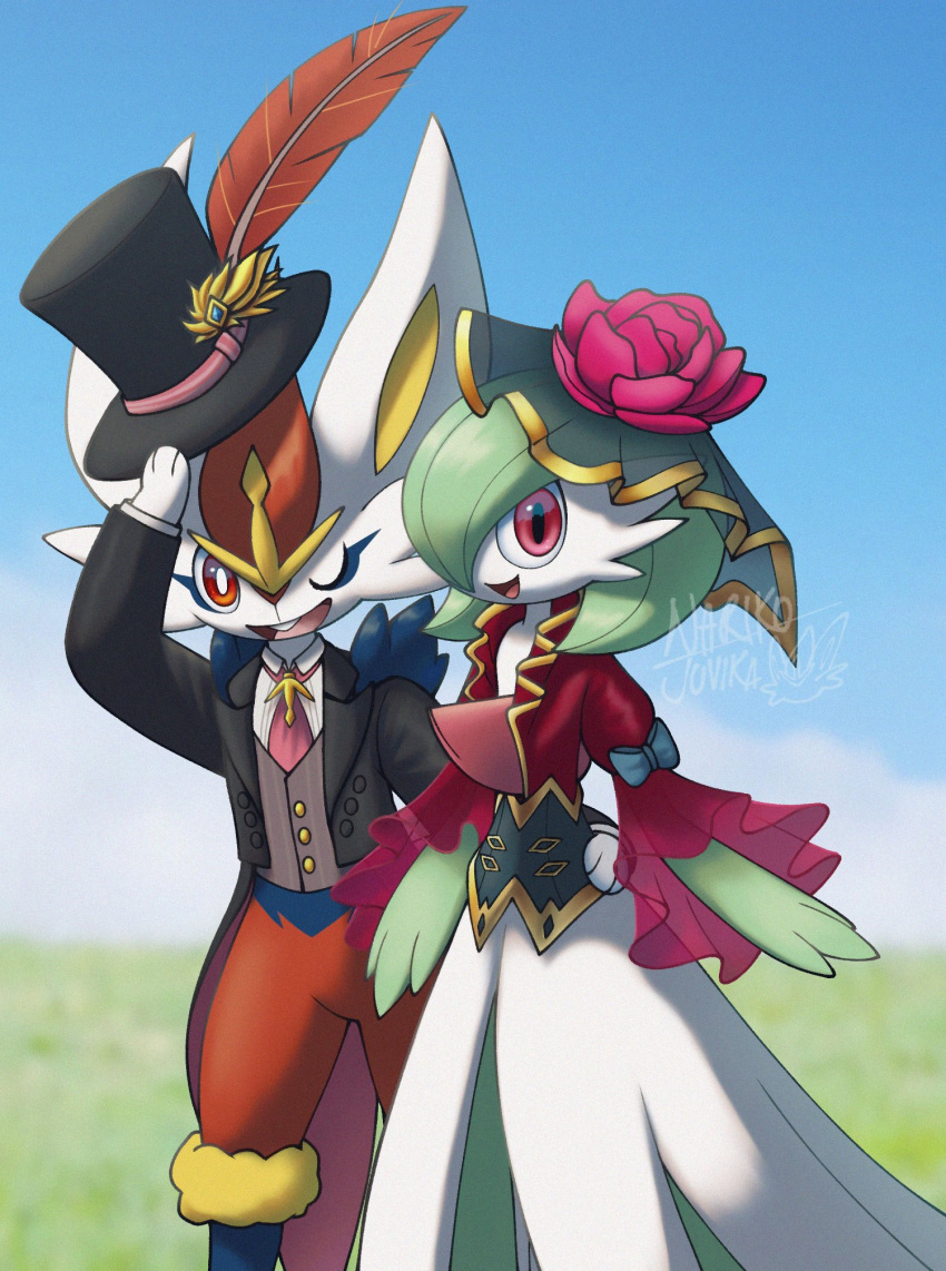 animal_ears, artist_name, black_hat, blue_sky, cinderace, cinderace_(tuxedo), clothed_pokemon, colored_skin