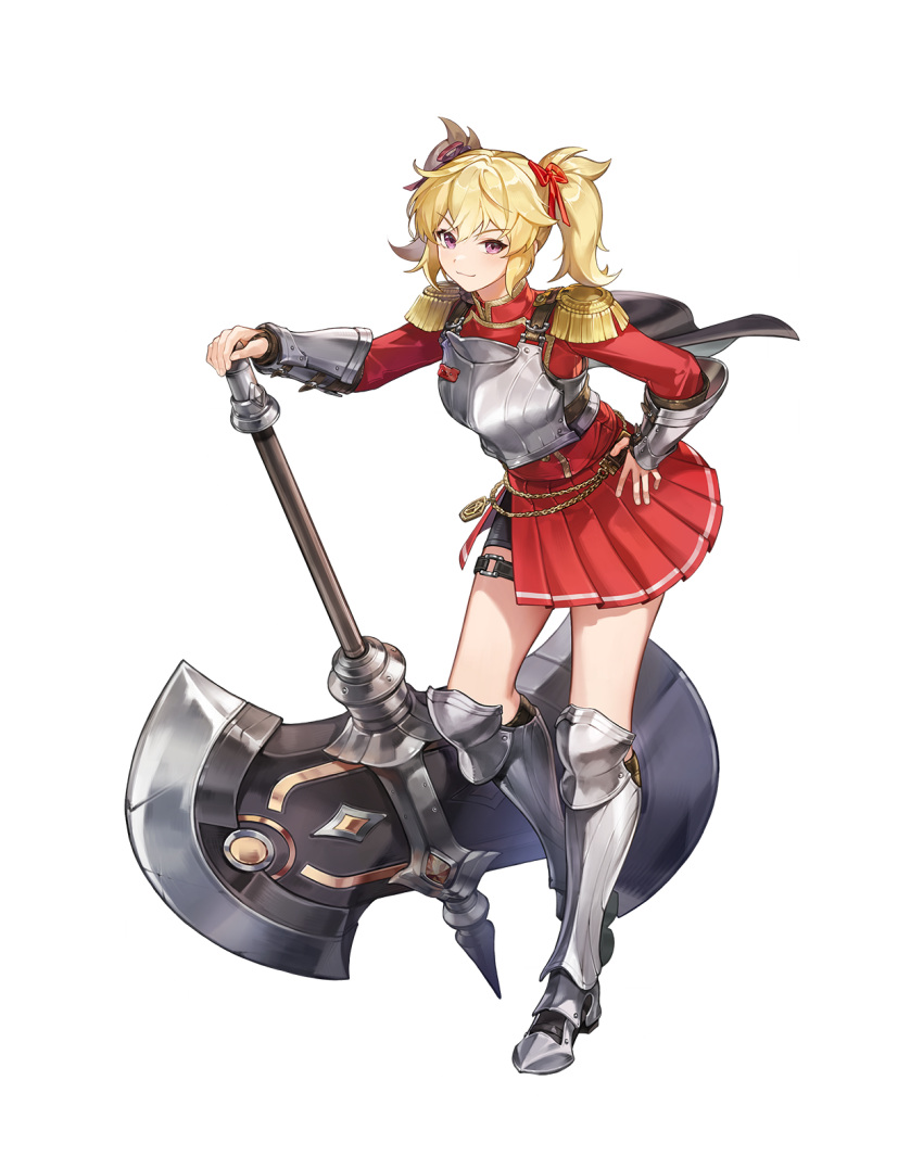 1girl, armor, armored_boots, artist_request, axe, battle_axe, belt, belt_buckle