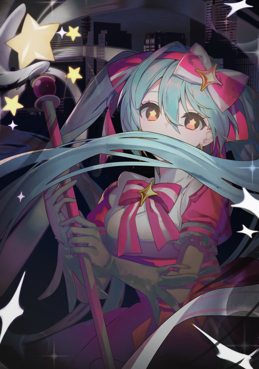 1girl, absurdres, blue_hair, bow, bowtie, cityscape, daimaou_ruaeru, dress