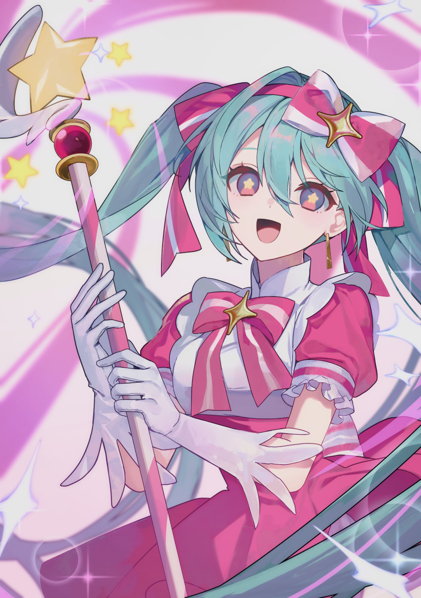 1girl, :d, absurdres, blue_hair, bow, bowtie, daimaou_ruaeru, dress, frilled_dress, frills, gloves, hair_bow, hatsune_miku, highres, holding, holding_staff, imasugu_rinne_(vocaloid), long_hair, mage_staff, magical_girl, open_mouth, pink_bow, pink_bowtie, pink_dress, pink_eyes, puffy_short_sleeves, puffy_sleeves, short_sleeves, smile, solo, staff, star-shaped_pupils, star_(symbol), symbol-shaped_pupils, very_long_hair, vocaloid, white_bow, white_gloves