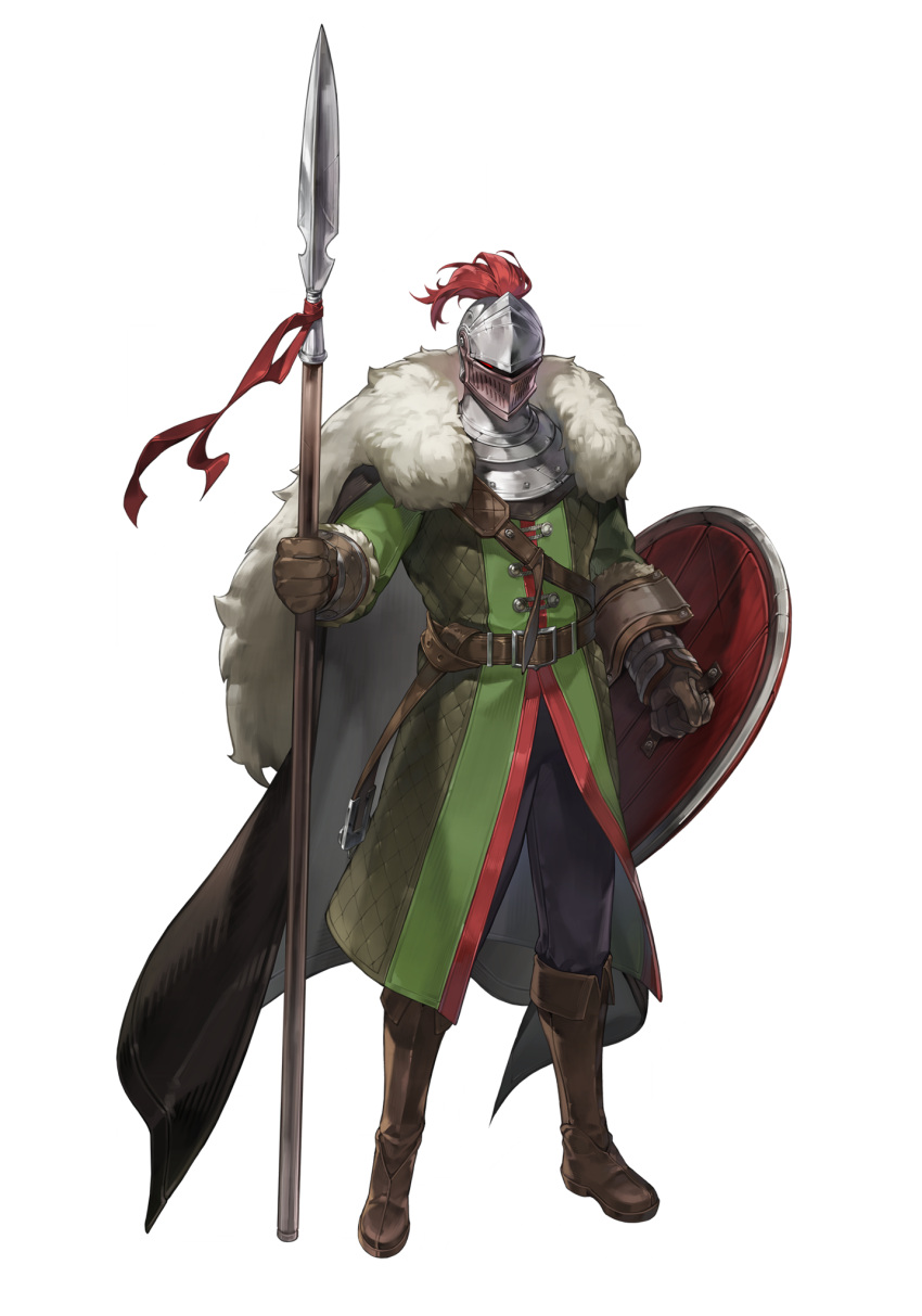 1boy, armor, artist_request, belt, belt_buckle, boots, brown_belt, brown_boots, buckle, cape, coat, fur-trimmed_cape, fur-trimmed_gloves, fur_trim, game_cg, gilbert_winterguard, gloves, glowing, glowing_eye, goddess_order, green_coat, grey_cape, grey_pants, helm, helmet, highres, holding, holding_polearm, holding_shield, holding_weapon, looking_at_viewer, male_focus, non-web_source, official_art, pants, plume, polearm, shield, simple_background, solo, standing, tachi-e, transparent_background, weapon
