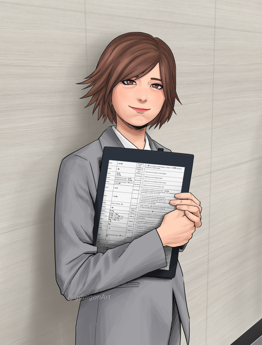1girl, araki_saori, araki_saori_(cosplay), brown_eyes, brown_hair, clipboard, command_input, cosplay