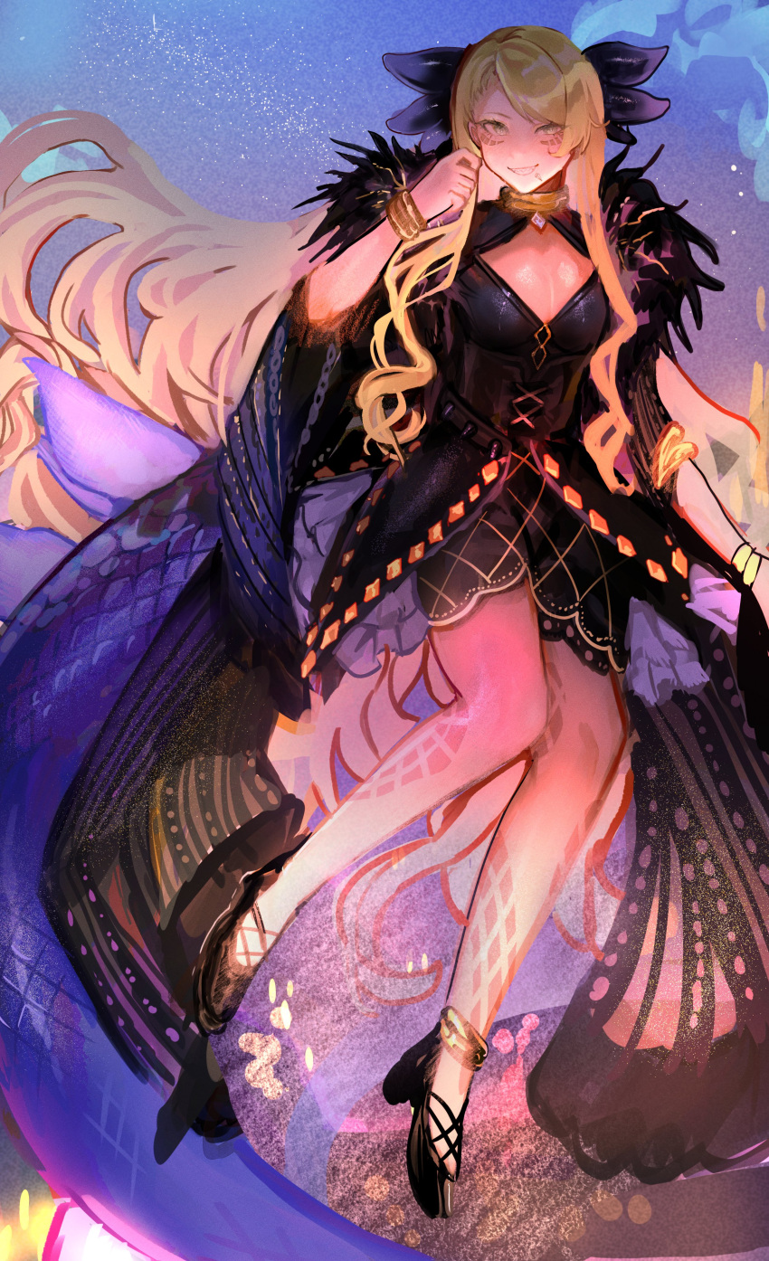1girl, absurdres, blonde_hair, bracelet, chin_piercing, dragon_girl, dragon_horns, dragon_tail