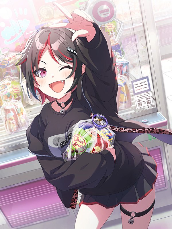 1girl, arcade_cabinet, arm_up, artist_request, black_collar, black_hair, black_jacket, black_shirt, black_skirt, breasts, collar, crane_game, dutch_angle, fang, food, hair_ornament, hugging_object, indoors, jacket, kazamatsuri_asahi, large_breasts, laugh_diamond, metal_collar, miniskirt, multicolored_hair, multicolored_jacket, official_art, one_eye_closed, open_mouth, pleated_skirt, print_shirt, red_eyes, red_hair, red_trim, shirt, skirt, smile, solo, sweets, thigh_strap, v