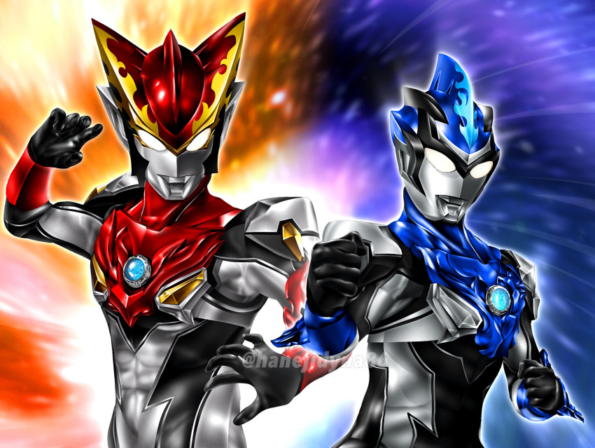 2boys, abs, alien, arm_guards, armor, black_skin, blue_background, blue_skin