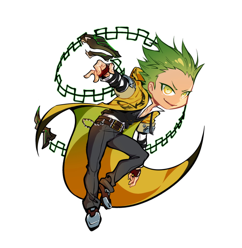 1boy, belt, blazblue, chain_weapon, chibi, coat, evil_smile, fingerless_gloves