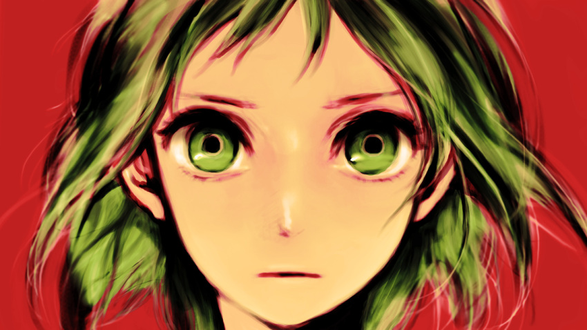 close-up, face, green_eyes, green_hair, gumi, nishi_e_yuku_(vocaloid), short_hair, solo