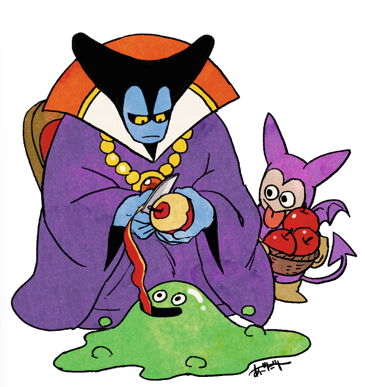 1boy, apple, basket, bat_wings, black_horns, black_sclera, blue_skin, bubble_slime