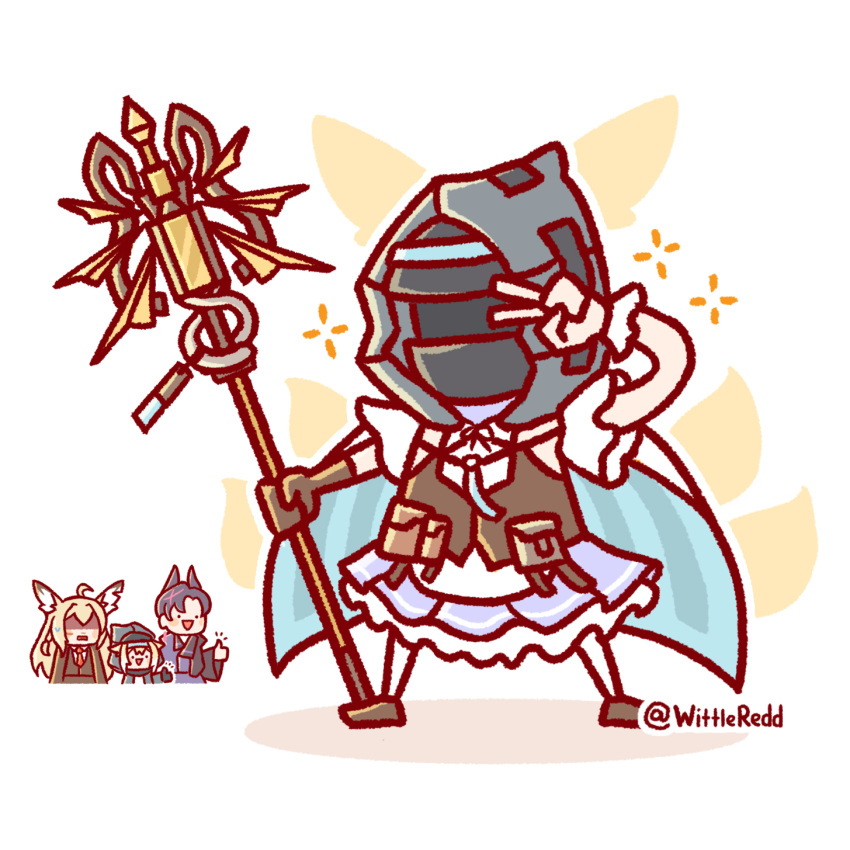 1boy, 1other, 2girls, ahoge, ambiguous_gender, animal_ears, arknights, artist_name