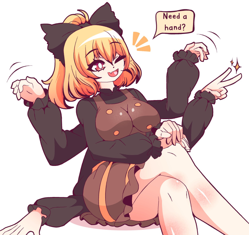 1girl, ;d, absurdres, black_bow, blonde_hair, bow, breasts, bright_pupils