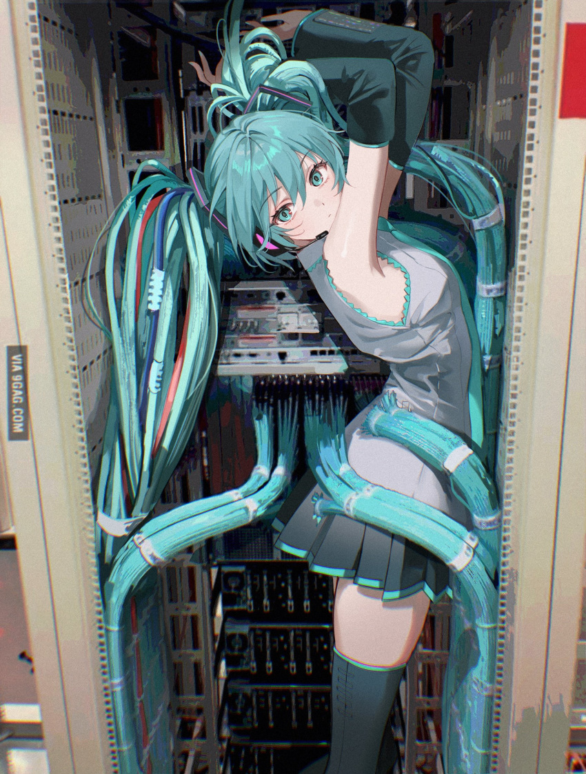 1girl, 9gag, aqua_eyes, aqua_hair, arms_up, black_skirt, black_thighhighs, detached_sleeves, grey_shirt, hatsune_miku, highres, long_hair, photo_background, pleated_skirt, pong_(pong_o0), server_room, shirt, skirt, sleeveless, sleeveless_shirt, solo, thigh-highs, twintails, vocaloid, zettai_ryouiki