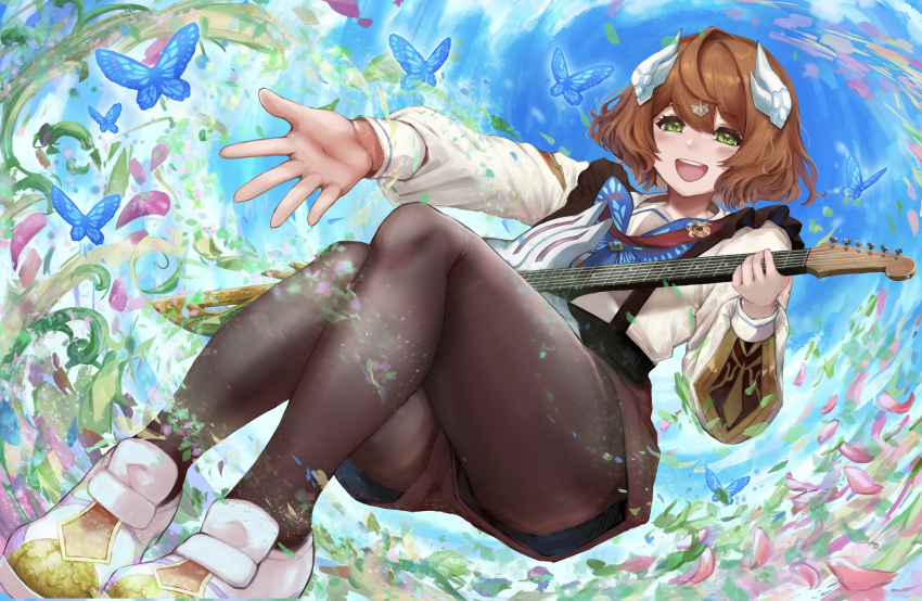 1girl, absurdres, anno_akira, black_pantyhose, brown_hair, brown_shorts, bug, butterfly