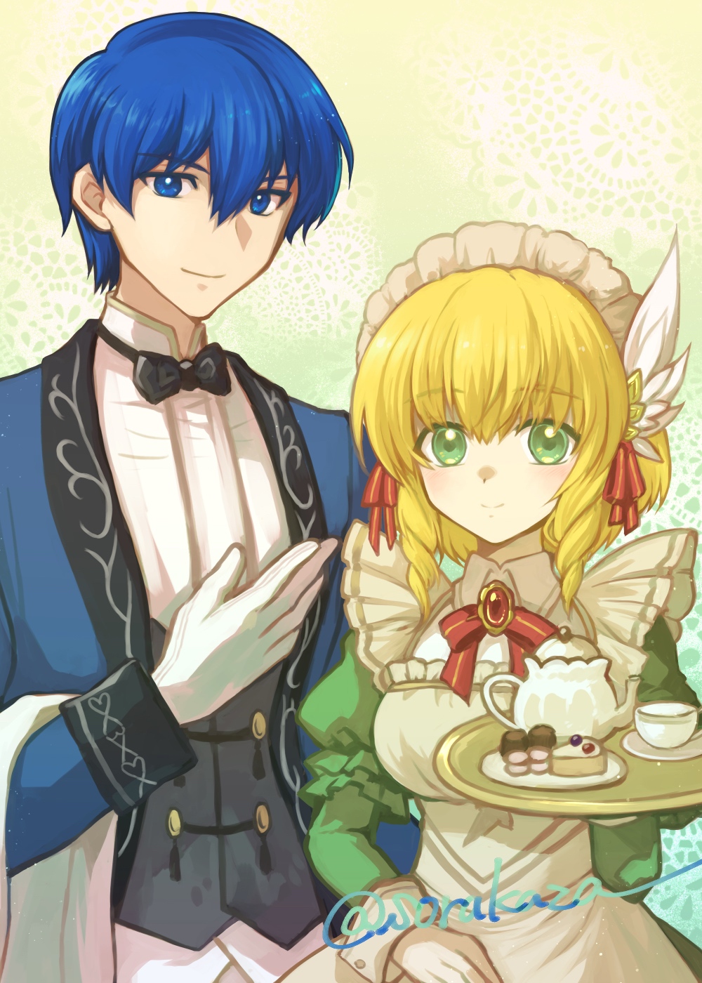 1boy, 1girl, apron, blue_hair, blue_vest, bow, bowtie, breasts, brooch, cup, finn_(devoted_service)_(fire_emblem), finn_(fire_emblem), fire_emblem, fire_emblem:_thracia_776, fire_emblem_heroes, green_eyes, hair_ornament, highres, holding, holding_tray, jewelry, maid, maid_apron, medium_breasts, nanna_(cordial_teatime)_(fire_emblem), nanna_(fire_emblem), official_alternate_costume, open_clothes, open_vest, smile, sorakaza, teacup, teapot, tray, vest, wing_hair_ornament