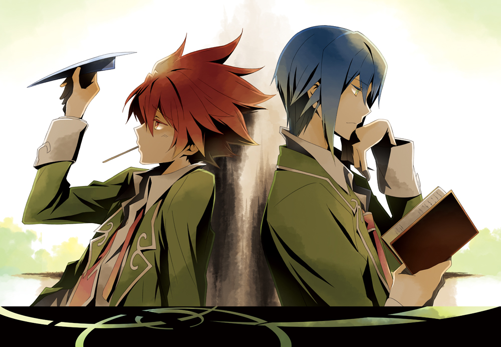 arm_up, blue_hair, book, chin_rest, green, hakumai_(jamaika), mouth_hold, multiple_boys