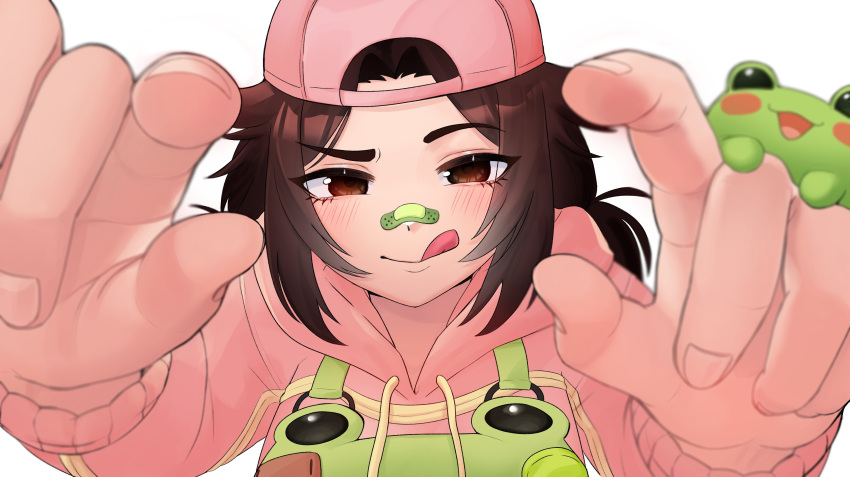 1girl, :q, absurdres, animal_on_hand, animal_print, backwards_hat, bandaid, bandaid_on_face, bandaid_on_nose, baseball_cap, bethy, blurry, blurry_foreground, brown_eyes, brown_hair, closed_mouth, commentary, commission, dot_nose, english_commentary, eyelashes, fingernails, frog, frog_print, green_bandaid, green_overalls, green_suspenders, hat, highres, hood, hood_down, hoodie, indie_virtual_youtuber, long_sleeves, looking_at_viewer, medium_hair, nose, overalls, pink_hat, pink_hoodie, reaching, reaching_towards_viewer, short_twintails, sidelocks, simple_background, solo, squinting, susu_awoo, tomboy, tongue, tongue_out, twintails, upper_body, virtual_youtuber, white_background