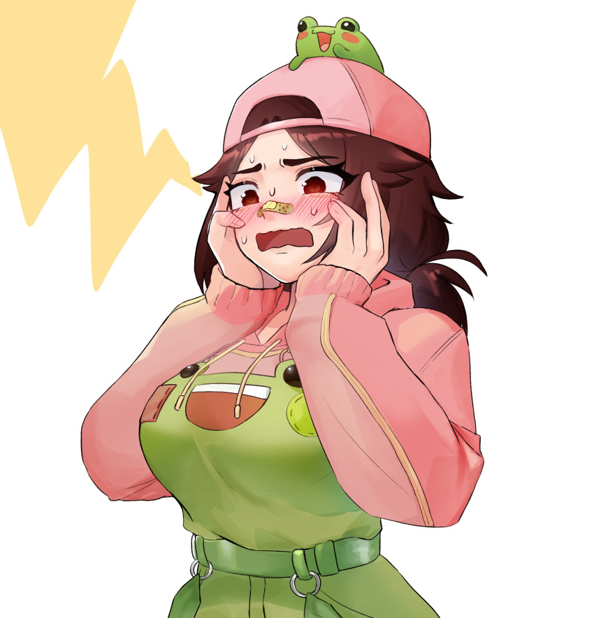 1girl, animal_print, backwards_hat, bandaid, bandaid_on_face, bandaid_on_nose, baseball_cap, belt