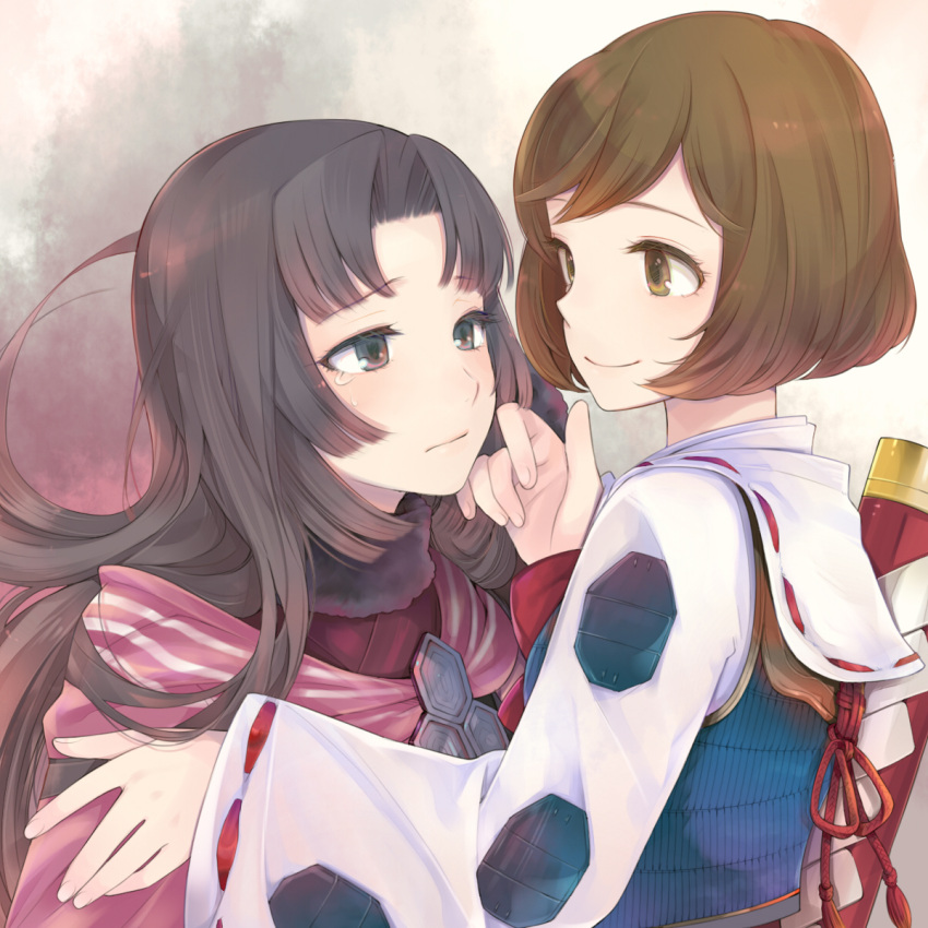 armor, black_eyes, black_hair, bob_cut, brown_eyes, brown_hair, bust, comforting