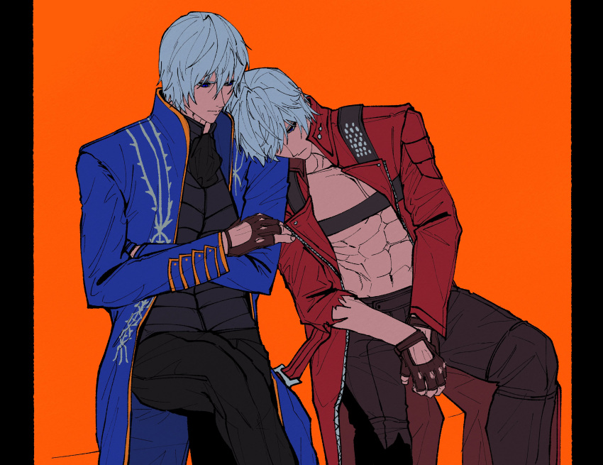 2boys, abs, absurdres, bare_pectorals, black_gloves, black_shirt, blue_coat, blue_eyes