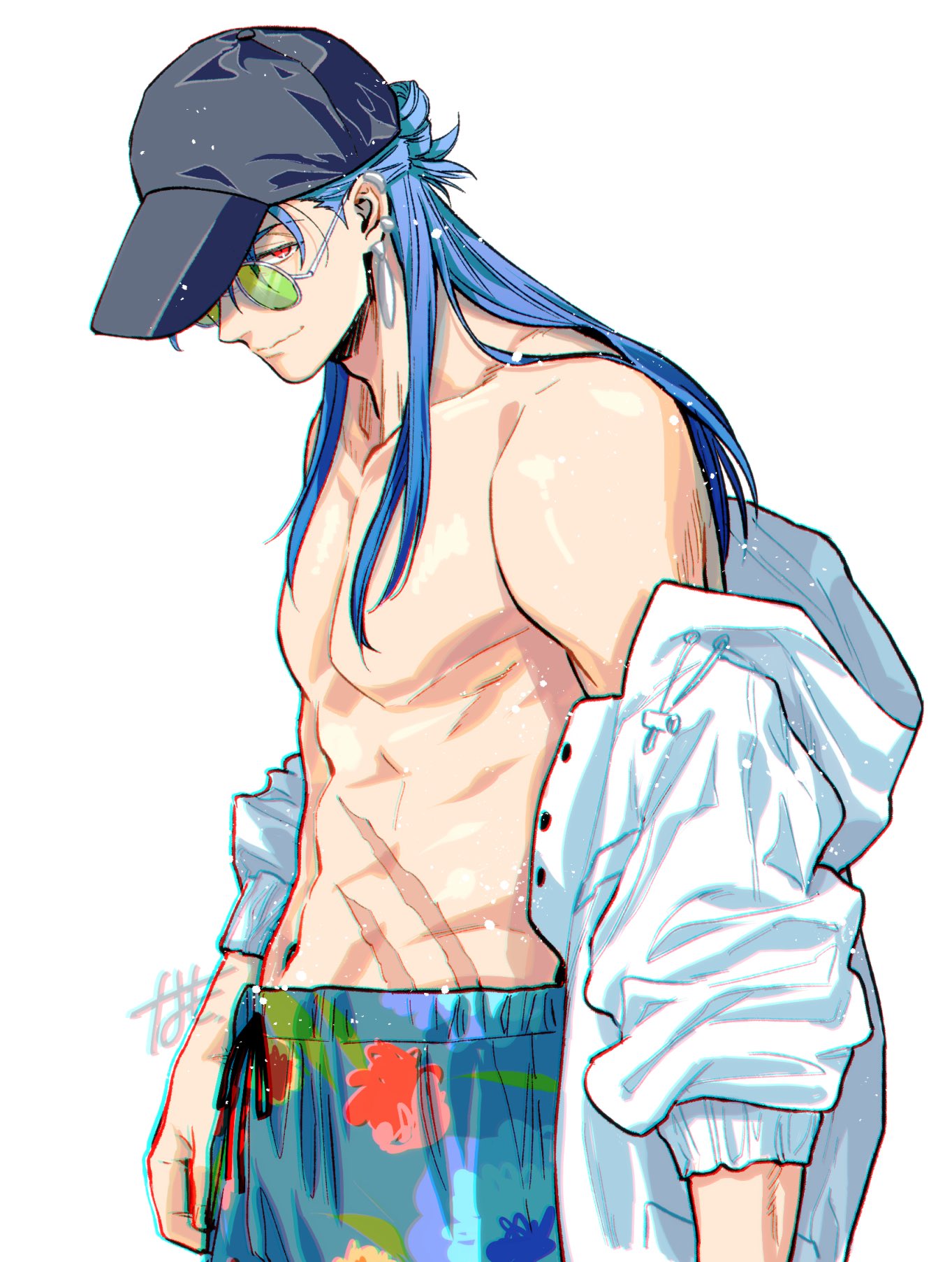 1boy, abs, baseball_cap, black_hat, blue_hair, closed_mouth, commentary_request, cowboy_shot