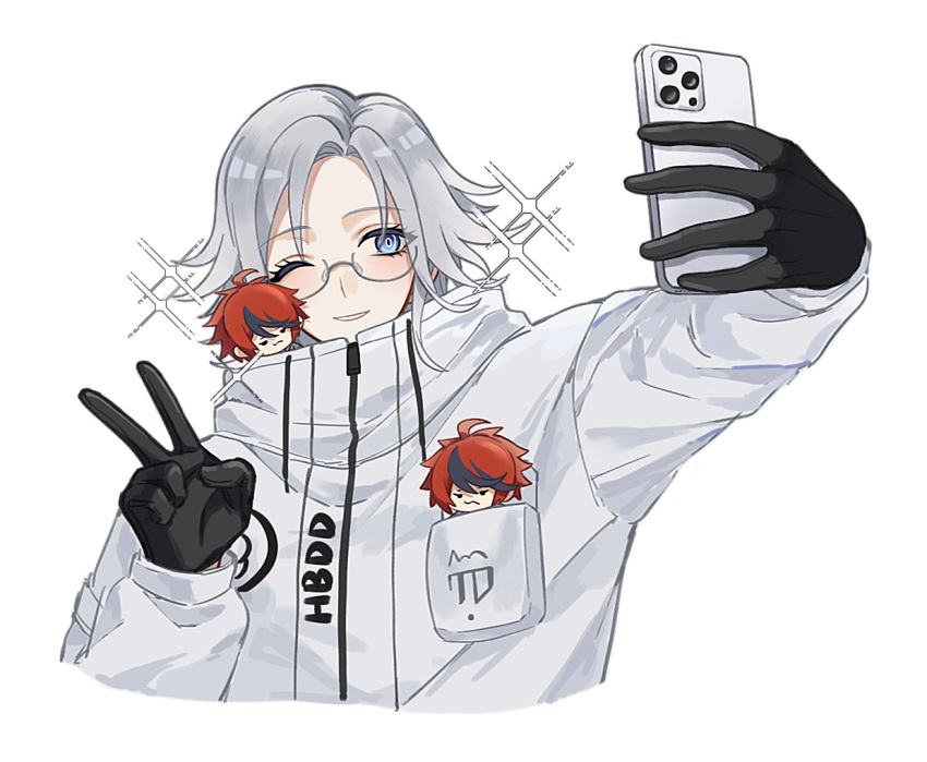 1boy, amera_(irisqr3), aotsuki_eito, arm_up, black_gloves, blue_eyes, cellphone, character_doll