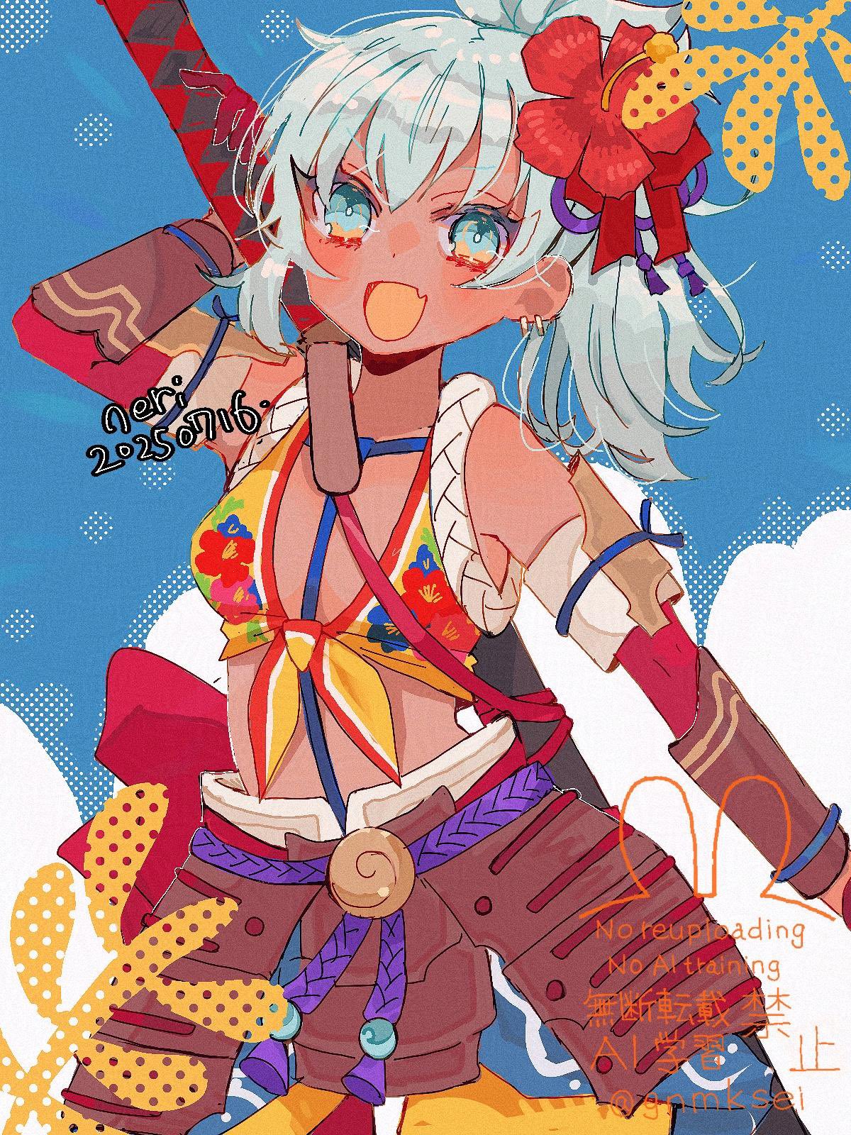 1girl, arm_guards, armor, blue_eyes, cowboy_shot, dark-skinned_female, dark_skin, earrings