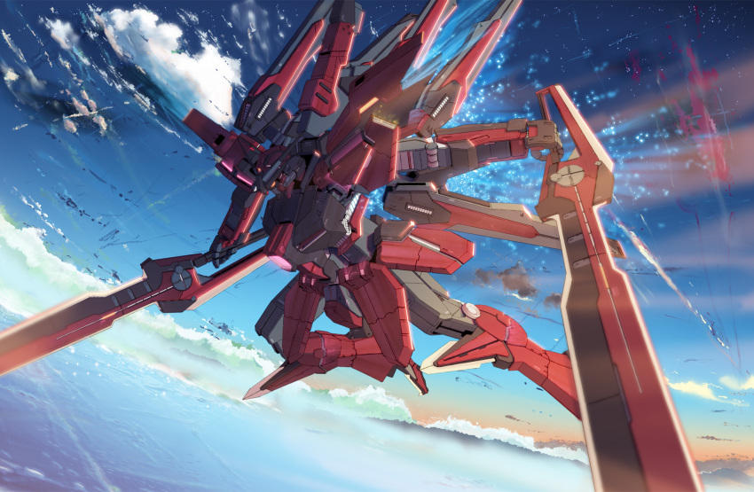 flying, gundam, gundam_seed, gundam_seed_a-star, highres, mecha, ocean, original, sky, sparkle, starlight_(stack), sword, tsx-08r_seraph, weapon