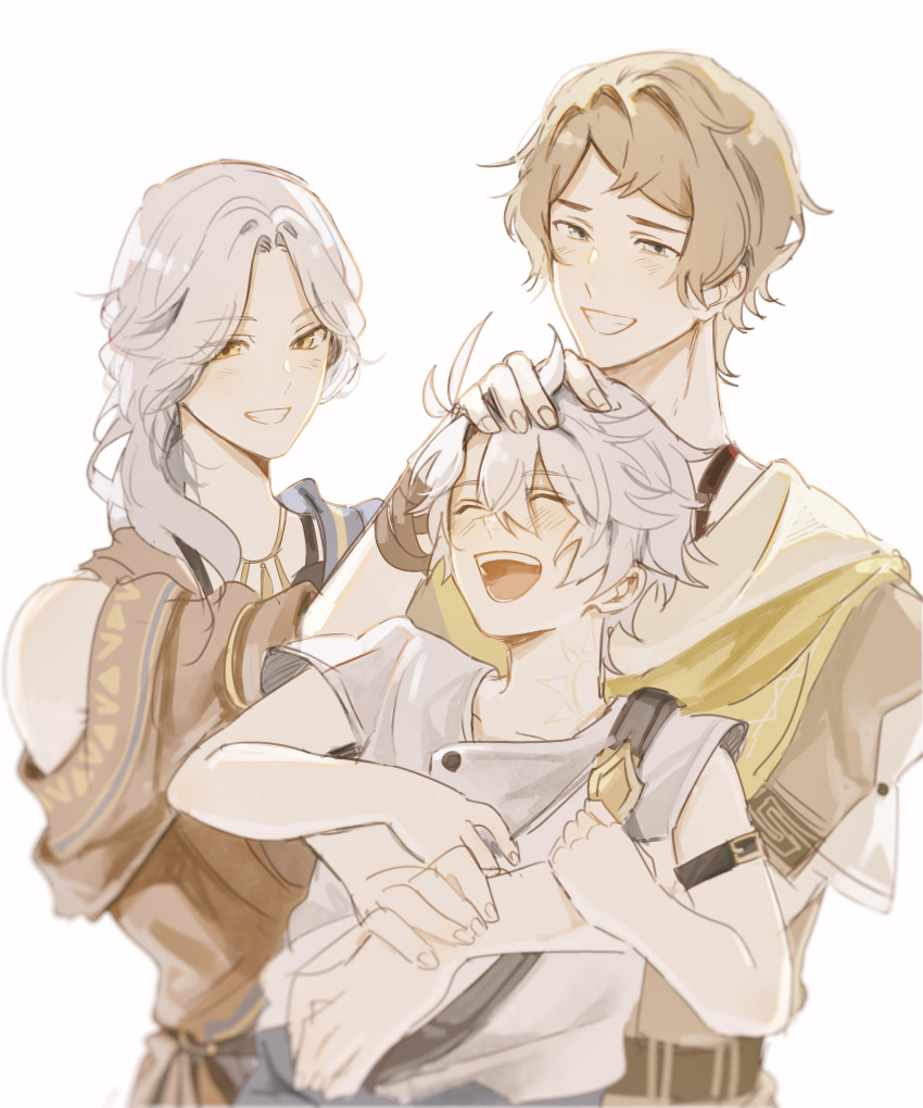 1girl, 2boys, :d, ^_^, absurdres, ancient_greek_clothes, antenna_hair, audata_(honkai:_star_rail)