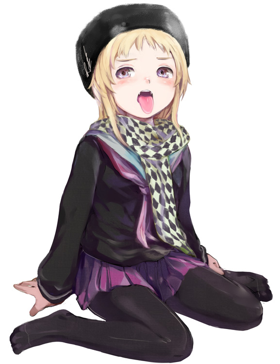 blonde_hair, blush, copyright_request, face, hat, legs, long_hair, moke, open_mouth, pantyhose, scarf, school_uniform, sitting, skirt, solo, tongue, tongue_out