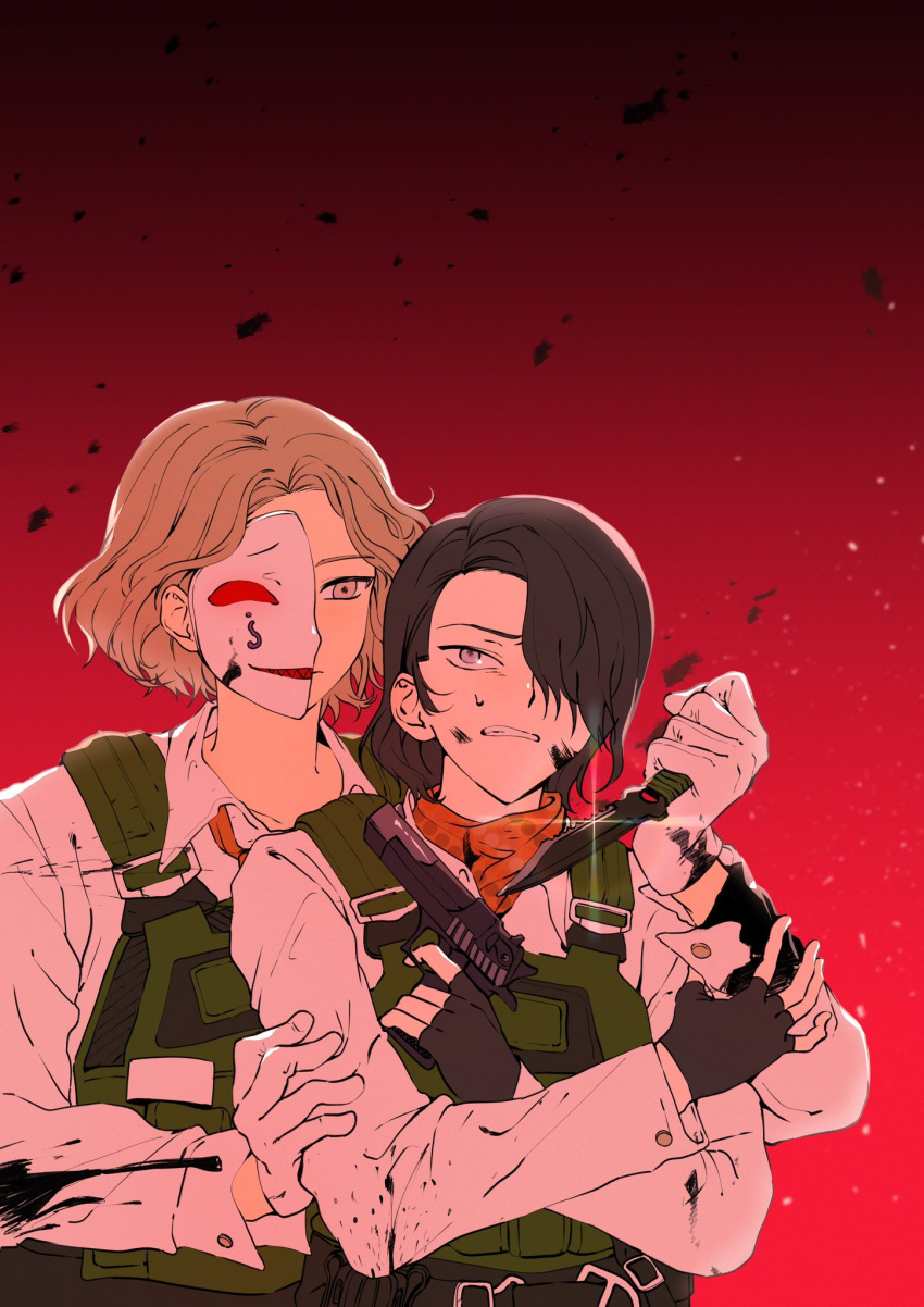 2boys, black_gloves, black_hair, blade_to_throat, blonde_hair, clenched_teeth, crepe_commission, danganronpa_another