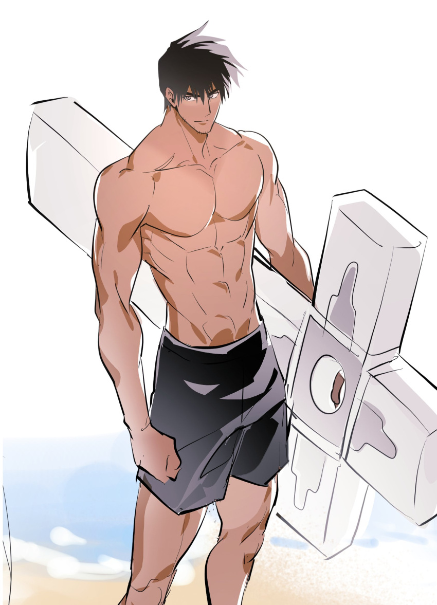 1boy, abs, beach, beard_stubble, black_hair, black_male_swimwear, broad_shoulders, closed_mouth