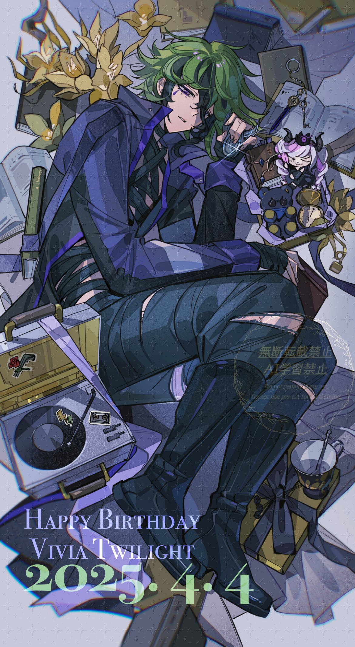 >_<, 1boy, 1girl, adversarial_noise, bandaged_chest, bandaged_hand, bandaged_neck, bandages, black_boots, black_pants, book, boots, box, character_name, coat, crown, cup, dated, flower, flower_request, gift, gift_box, green_hair, happy_birthday, highres, holding, holding_scythe, horns, key, master_detective_archives:_rain_code, mdzzmimimi, multicolored_hair, pants, phonograph, pink_hair, pocket_watch, scythe, shinigami_(rain_code), short_hair, spoon, streaked_hair, stuffed_animal, stuffed_toy, teacup, teddy_bear, twintails, vivia_twilight, watch, yellow_flower