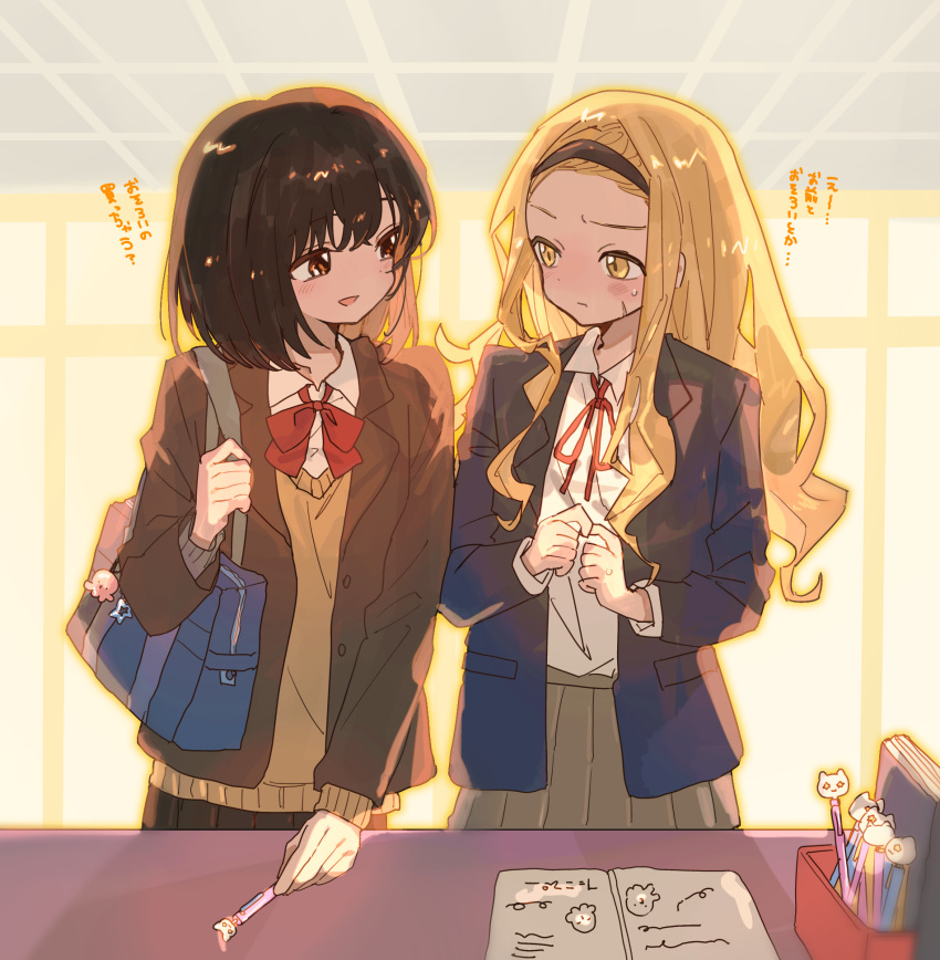 2girls, bag, black_hair, black_hairband, blonde_hair, bow, bowtie, brown_eyes