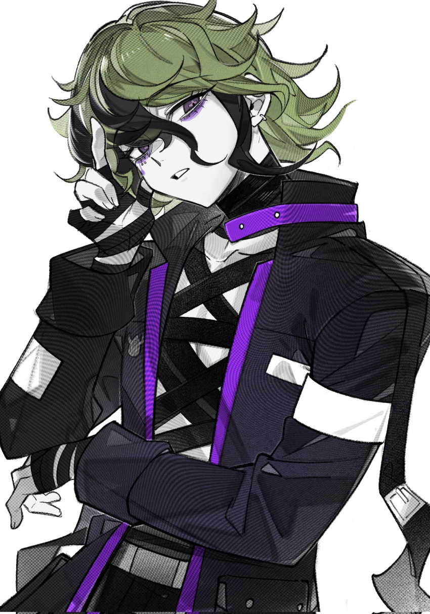 1boy, bags_under_eyes, bandaged_chest, bandaged_hand, bandaged_neck, bandages, belt, black_coat, coat, corrupted_twitter_file, ear_piercing, elbow_rest, face_piercing, facial_mark, green_hair, hand_up, highres, male_focus, master_detective_archives:_rain_code, mdzzmimimi, multicolored_hair, parted_lips, piercing, short_hair, solo, streaked_hair, upper_body, violet_eyes, vivia_twilight, white_background