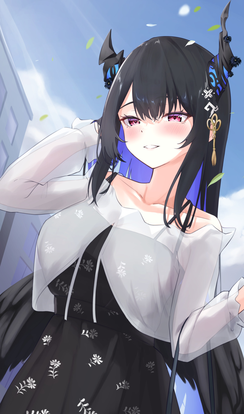 1girl, absurdres, alternate_costume, asymmetrical_horns, black_dress, black_hair, black_wings, blue_hair