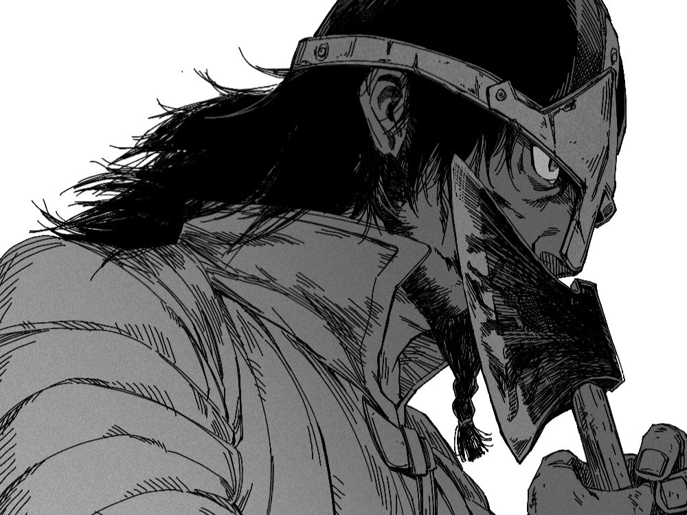 1boy, ache55555, axe, beard, bjorn_(vinland_saga), black_hair, braid, braided_beard, facial_hair, greyscale, hair_tie, helmet, holding, holding_axe, kissing_weapon, male_focus, mature_male, medium_hair, monochrome, solo, upper_body, viking, vinland_saga, white_background