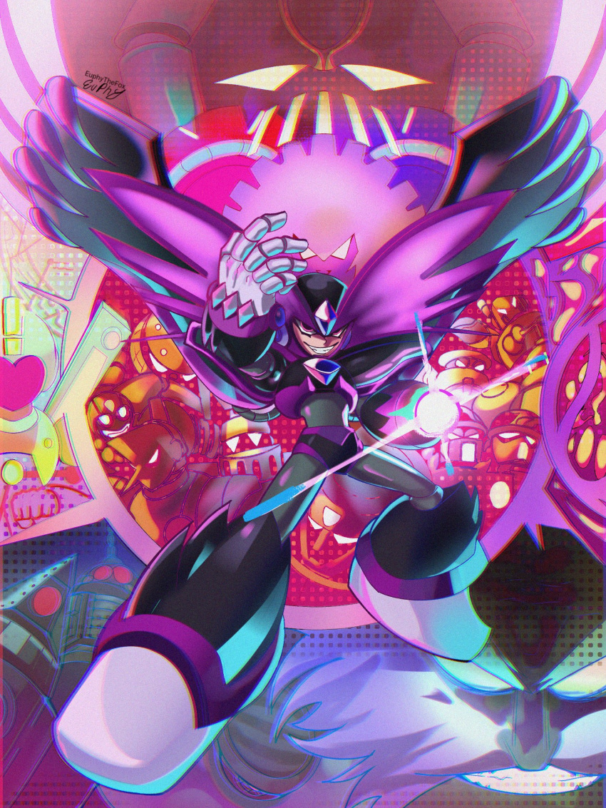 arm_cannon, armor, bass_(mega_man), black_armor, black_helmet, character_request, chest_jewel, clown_man