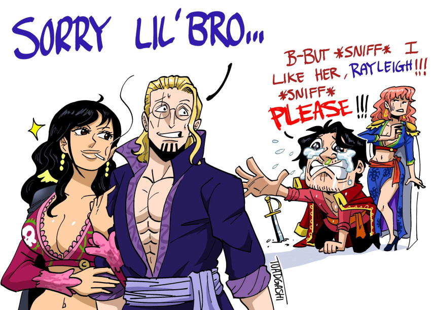 crying_with_eyes_open, elder_nyon, glasses, gloriosa_(one_piece), gol_d._roger, gol_d_roger, long_hair, multiple_boys, multiple_girls, netorare, one_piece, shakuyaku_(one_piece), short_hair, silvers_rayleigh, toadgashi, younger