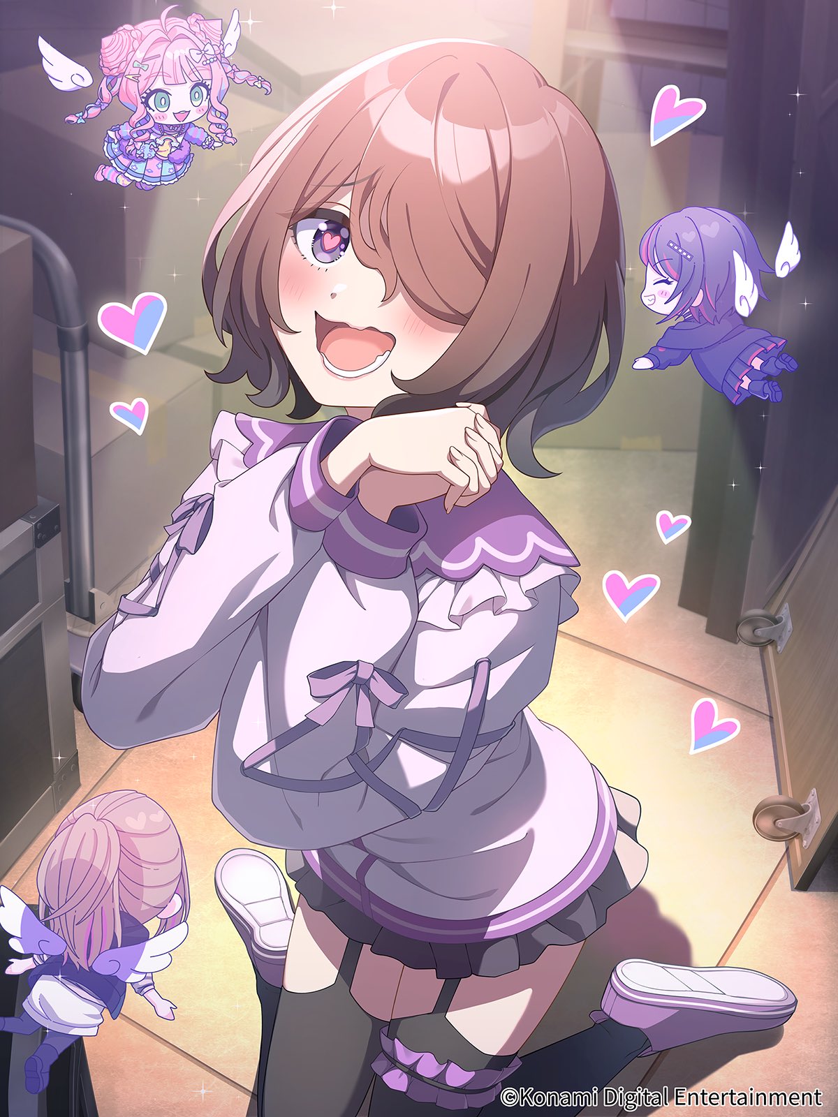 4girls, angel_wings, artist_request, black_hair, black_jacket, black_thighhighs, blush, bow, box, braid, brown_hair, cardboard_box, chibi, closed_eyes, copyright_notice, double_bun, dress, excited, facing_away, frilled_shirt, frilled_straps, frills, garter_belt, hair_bun, hair_ornament, hair_over_one_eye, heart, heart_in_eye, high_ponytail, highres, indoors, jacket, kazamatsuri_asahi, komurasaki_momoka, laugh_diamond, lower_teeth_only, medium_hair, mini_person, minigirl, miniskirt, multicolored_dress, multicolored_hair, multiple_girls, official_art, open_mouth, own_hands_clasped, own_hands_together, pink_hair, pleated_skirt, ponytail, profile, purple_shirt, red_hair, shirt, shirt_bow, shoe_soles, short_hair, shorts, sitting, skirt, smile, sparkle, spotlight, symbol_in_eye, takamura_hibiki, teeth, thigh-highs, thigh_strap, twin_braids, violet_eyes, wariza, white_shorts, wings, yamada_kanon