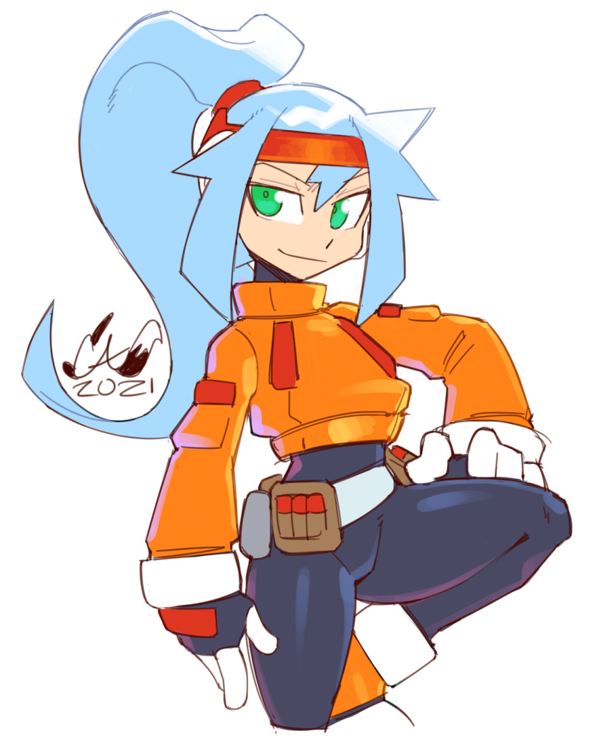 1girl, 2021, android, ashe_(mega_man), black_bodysuit, blue_hair, bodysuit, caliginousarts